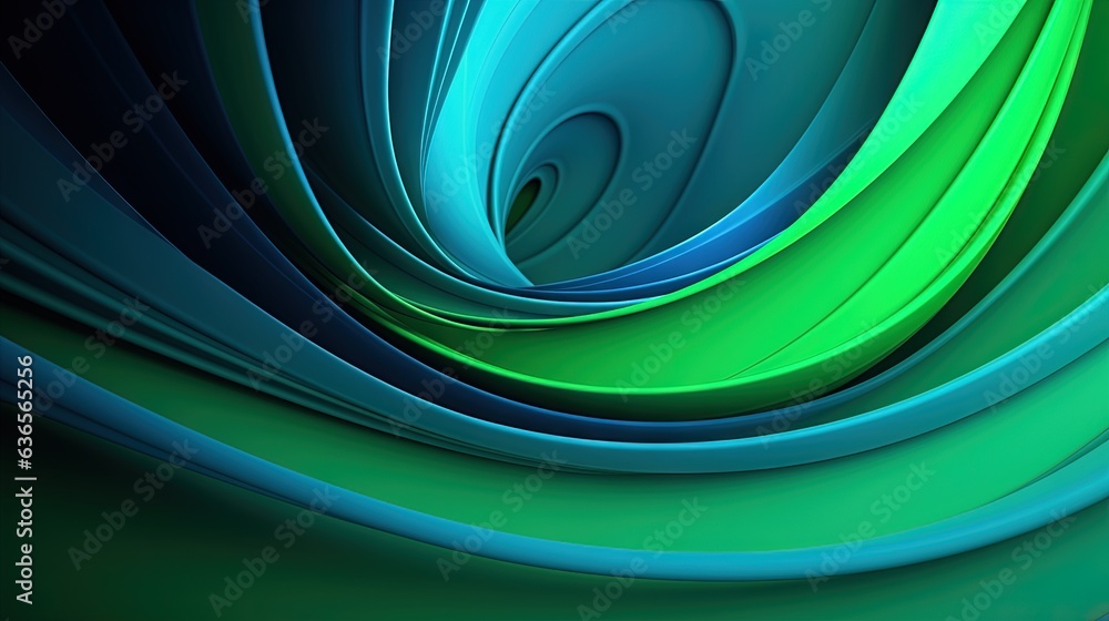 Poster a green and blue abstract background with a spiral design on it. generative ai