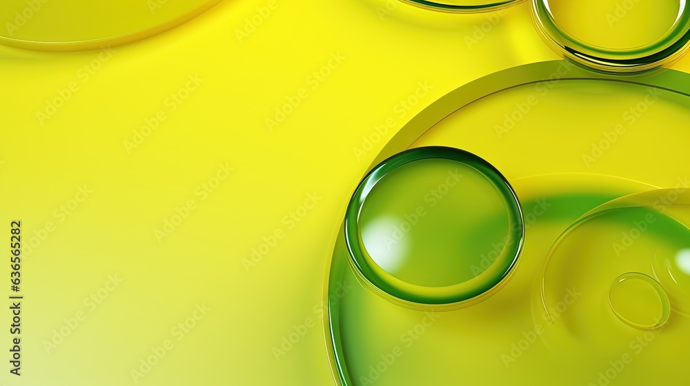 Poster a close up of a yellow background with a few green oil droplets scattered across it the droplets are