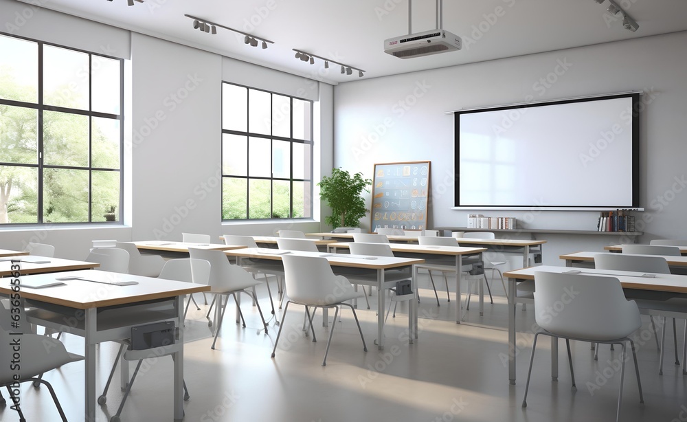 Poster empty modern classroom with white interactive board 3d. generative ai.
