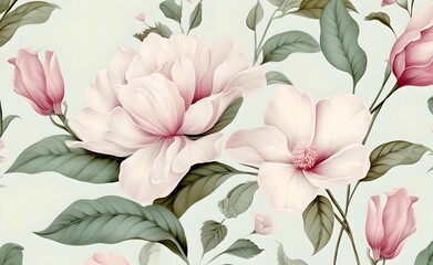 Delicate floral watercolor pattern for textiles and backgrounds, watercolor peonies flowers and green leaves. Generative AI. 