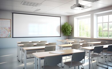 Fototapeta na wymiar Empty modern classroom with white Interactive board 3d. Generative AI. 