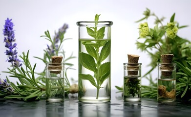 Fototapeta na wymiar Herb essential oil aroma bootle and leaf. Generative AI. 