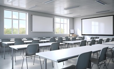 Empty modern classroom with white Interactive board 3d. Generative AI. 