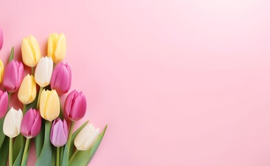 Spring tulip flowers on pink background top view in flat lay style. Greeting for Women's or Mothers Day. Generative AI.