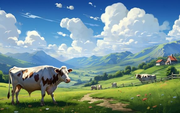 Cow Grazing on a Meadow in the Summer. AI