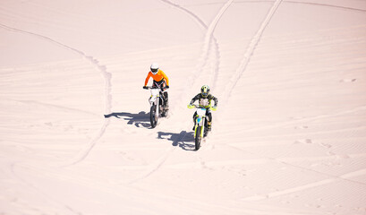 Dune, off road and men on motorbike together for practice, training and extreme sports energy in...