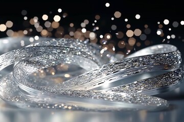 Silver wavy background. Close-up image of silver wavy background.Silver glitter background with bokeh defocused lights and sparkles.