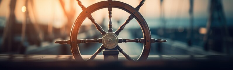 Steering wheel on ship banner - obrazy, fototapety, plakaty