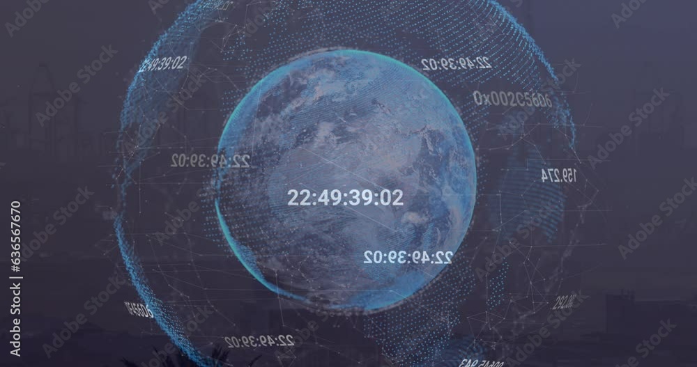 Aufkleber animation of changing numbers and circuit board pattern around globe over tree against cloud sky