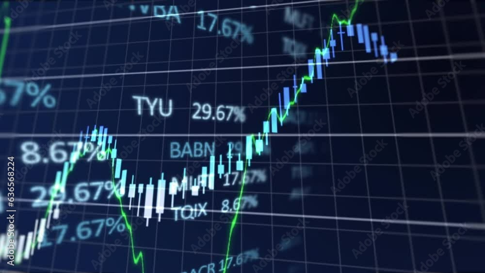 Poster animation of multiple graphs with grid pattern and trading board over black background