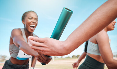 Woman, team and running with baton in relay, marathon or sports fitness on stadium track together....