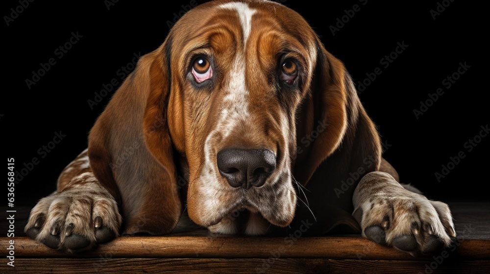 Poster a close up of a dog laying on a table with its eyes open. generative ai