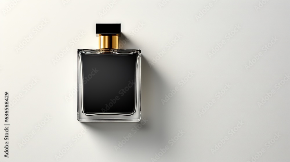 Poster an empty bottle of perfume on a white surface with a gold top. generative ai