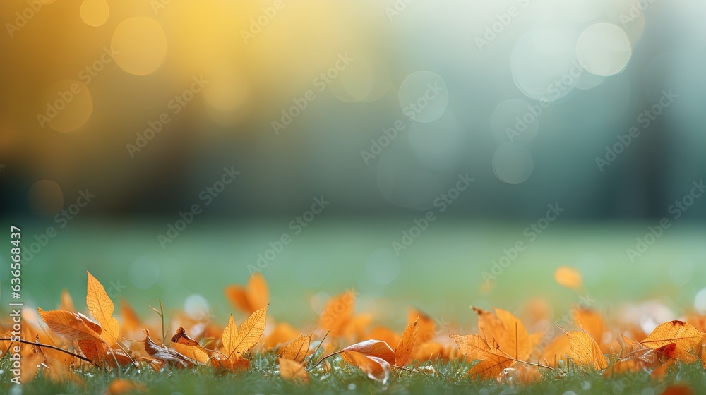 Poster a field of grass with a bunch of leaves on it. generative ai