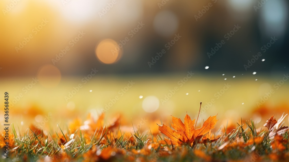 Poster a close up of a field with grass and a leaf. generative ai