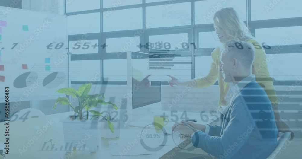Poster animation of multiple graphs and trading board, caucasian coworkers discussing reports on desktop