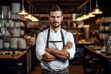 Fototapeta premium young chef posing very serious before a camera in the kitchen