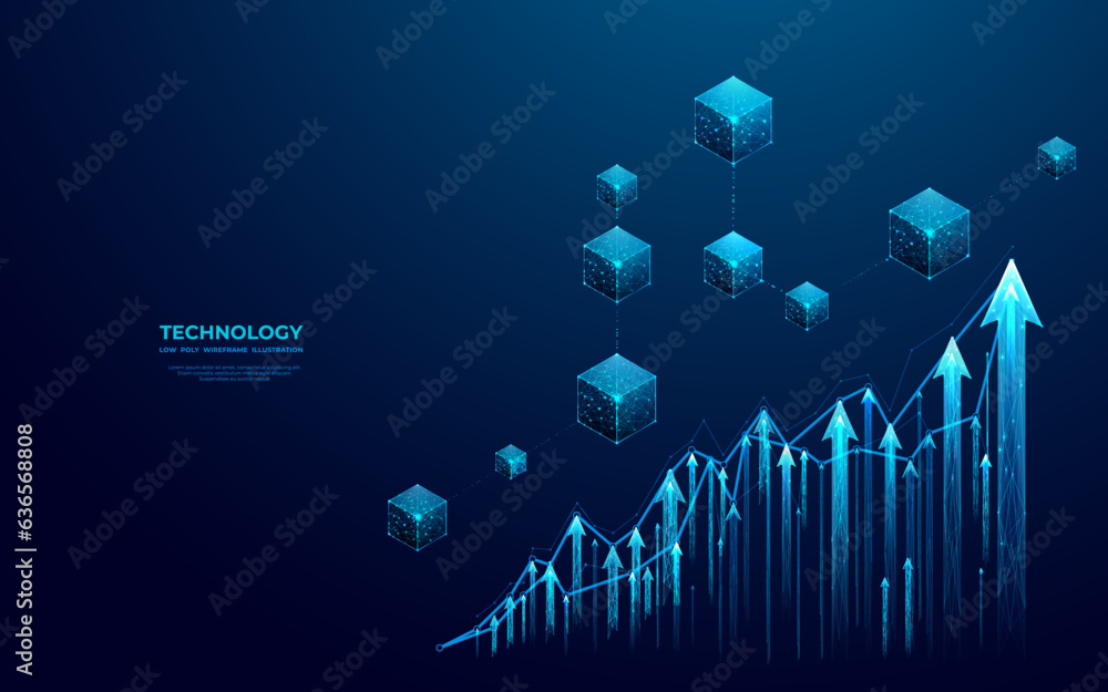 Poster Abstract blockchain hologram and growth graph chart consist of glowing arrows. Digital growing diagram. Cryptocurrency concept. Futuristic low poly wireframe vector illustration with 3D effect.