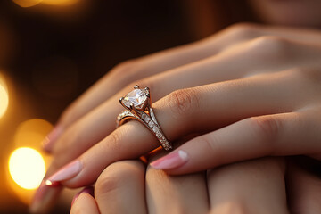 Close up of an elegant engagement diamond ring on woman finger. love and wedding concept. - obrazy, fototapety, plakaty