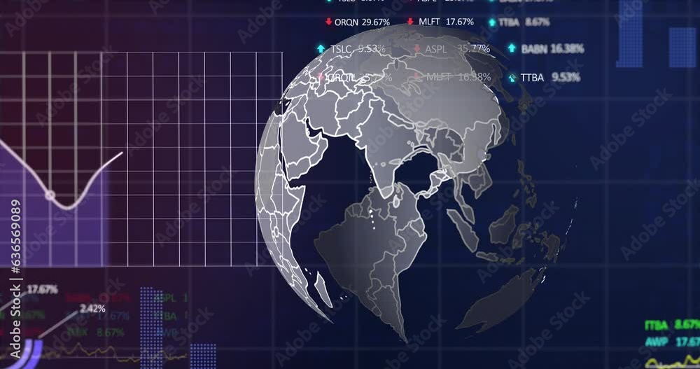 Poster animation of graphs, trading boards, rotating globe and computer language over black background