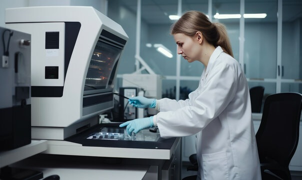 A woman in a lab coat and gloves working on a machine in a laboratory