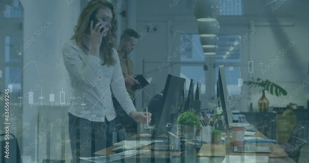 Poster animation of multiple graphs over caucasian coworkers looking into computer and writing in notepad