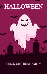 Creepy Halloween banner with cartoon Ghost on the Cemetery landscape. Design of Halloween poster, banner, card cover and inscription. Vector illustration.