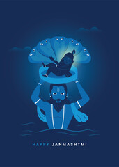 Janmashtami Krishna Born Minimal Poster, Vasudev Carrying Bal Krishna Poster, Happy Janmashtami
