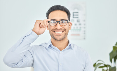 Happy man, face or glasses for vision, eye exam or optometry in clinic wellness, health or...
