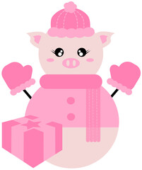 The snowpig with a gift. A snowman decorated like a pig with pink winter costumes and a pink gift.