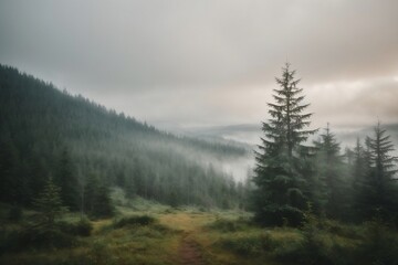 Foggy landscape with spruce forest.
Misty forest view with spruce trees after rain. Space for text. Generative AI.
