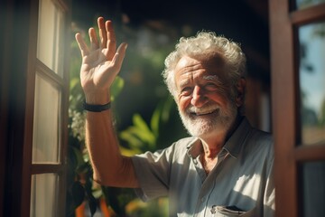 happy and smiling old man waving his hand