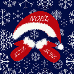 Patterned Christmas lettering - red mittens with white trim and red hat. Inscription Noel on seamless background of snowflakes. Chrisnmas wonder - vector illustration