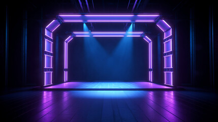 Empty stage or podium with yellow neon lights. Copy space. Night club wall design. Generative AI
