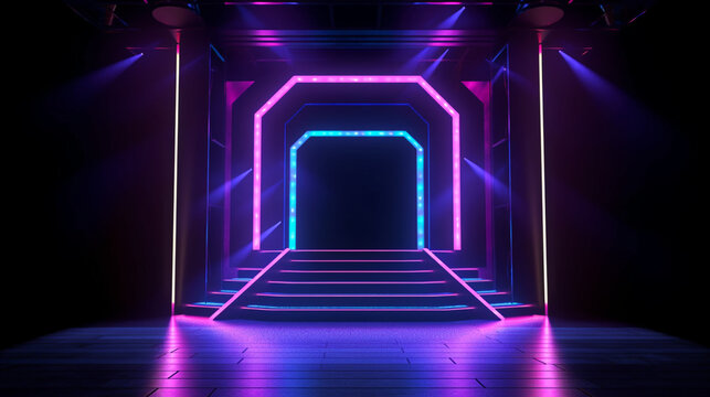 Empty stage or podium with colorful neon lights. Copy space. Night club wall design. Generative AI