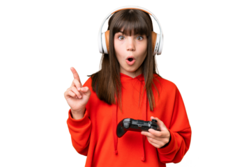 Little caucasian girl playing with a video game controller over isolated background intending to realizes the solution while lifting a finger up