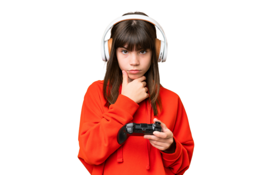 Little caucasian girl playing with a video game controller over isolated background thinking