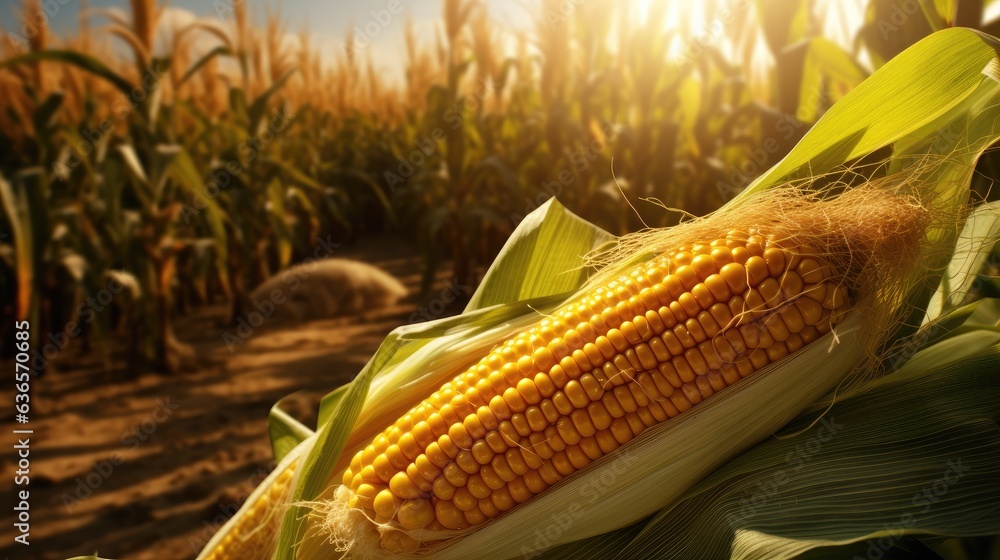 Aufkleber head of mature corn on the background of a corn field created with generative ai technology