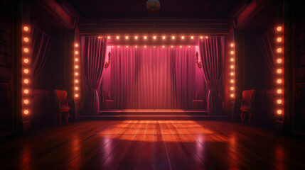 Empty dark stage or podium with red curtains. Theater or burlesque show. Copy space. Generative AI - obrazy, fototapety, plakaty