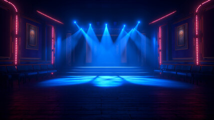 Empty stage or podium with yellow neon lights. Copy space. Night club wall design. Generative AI