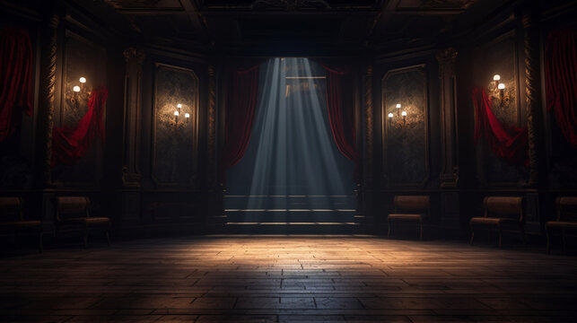 Empty dark vintage stage or podium for burlesque dance performance. Old retro theater or show. Copy space. Generative AI