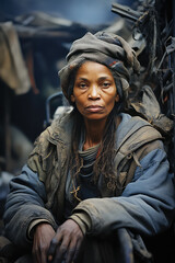 Slum life, disillusioned, homeless black woman, portrait of political failure, destitute, generative ai
