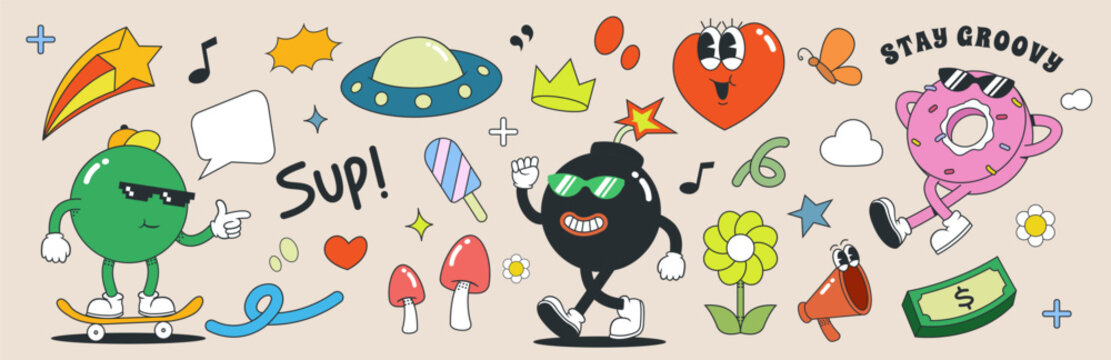 Set of groovy 70s characters and elements. vintage sticker collection, donuts, planes, ufo, ice cream, mushroom, bomb, and abstract shape. vector illustration