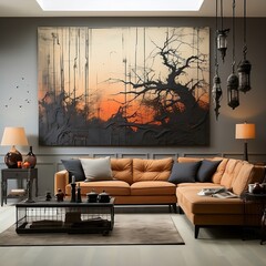 Halloween living room interior with sofa and spooky image