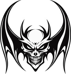 A demon head with bat wings in a vintage style