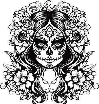 Day of dead girl black and white illustration