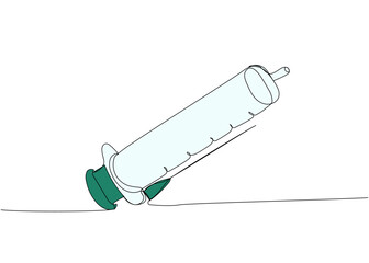 Large puncture syringe, injection, vaccination, medical supplies, equipment one line color art. Continuous line drawing of medication, needle, healthcare, clinical, disposable, tool, narcotic, healthy