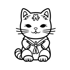 Vector illustration isolated on white kawaii asian cat. Neko with one hand up. Lucky cat Maneki Neko Outline Icon coloring book black line