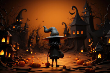 Witch and dark castle haunted in moonlight forest at night , Halloween  festival pumpkins background , Created with Generative Ai Technology