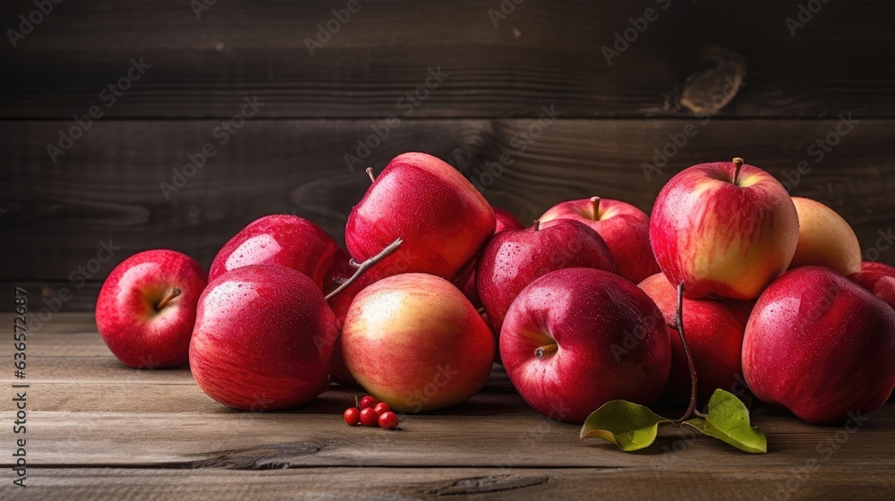 Aufkleber red ripe apples lie on a wooden table created with generative ai technology